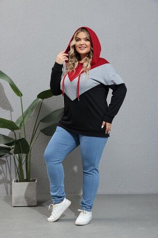 YOXUA سترة نسائية بغطاء للرأس بمقاس كبير، أكمام طويلة، بلوفر ملون برباط، قمصان وبلوزات مع جيب XL-5XL in Kuwait