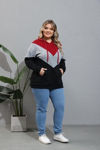 YOXUA سترة نسائية بغطاء للرأس بمقاس كبير، أكمام طويلة، بلوفر ملون برباط، قمصان وبلوزات مع جيب XL-5XL in Kuwait