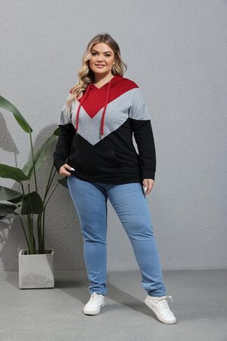 YOXUA سترة نسائية بغطاء للرأس بمقاس كبير، أكمام طويلة، بلوفر ملون برباط، قمصان وبلوزات مع جيب XL-5XL in Kuwait