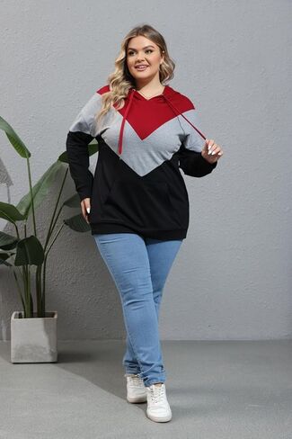 YOXUA سترة نسائية بغطاء للرأس بمقاس كبير، أكمام طويلة، بلوفر ملون برباط، قمصان وبلوزات مع جيب XL-5XL in Kuwait