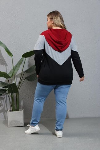 YOXUA سترة نسائية بغطاء للرأس بمقاس كبير، أكمام طويلة، بلوفر ملون برباط، قمصان وبلوزات مع جيب XL-5XL in Kuwait