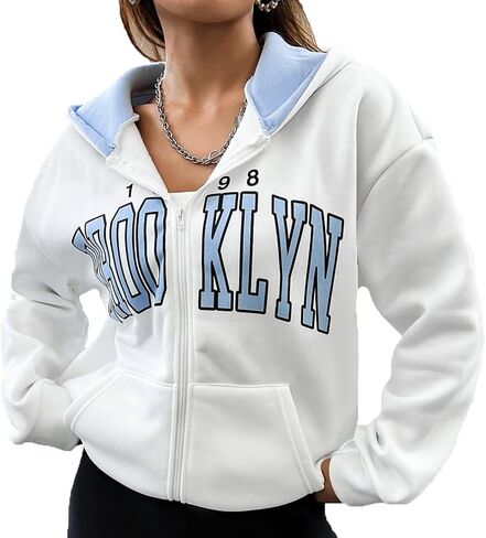 Fuimsul Women Letter Graphic Print Zip Up Hoodie Color Block Pocket Front Long Sleeve Drop Shoulder Casual Zipper Hooded in Saudi Arabia