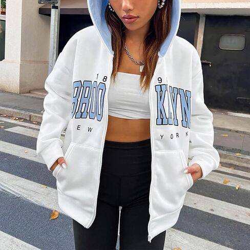 Fuimsul Women Letter Graphic Print Zip Up Hoodie Color Block Pocket Front Long Sleeve Drop Shoulder Casual Zipper Hooded in Saudi Arabia
