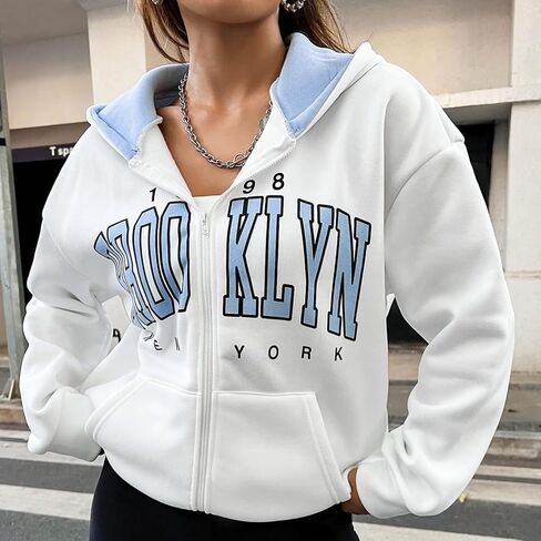 Fuimsul Women Letter Graphic Print Zip Up Hoodie Color Block Pocket Front Long Sleeve Drop Shoulder Casual Zipper Hooded in Saudi Arabia