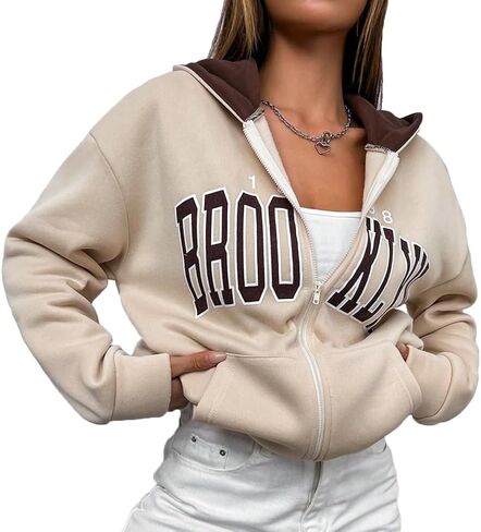 Fuimsul Women Letter Graphic Print Zip Up Hoodie Color Block Pocket Front Long Sleeve Drop Shoulder Casual Zipper Hooded in Saudi Arabia