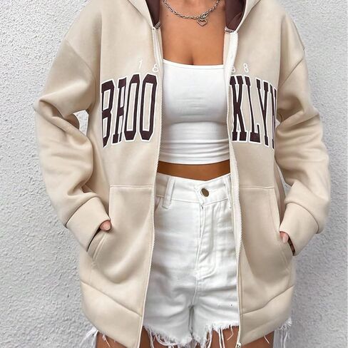 Fuimsul Women Letter Graphic Print Zip Up Hoodie Color Block Pocket Front Long Sleeve Drop Shoulder Casual Zipper Hooded in Saudi Arabia