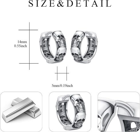 Yueyuan Skull Earrings for Men 925 Sterling Silver Vintage Gothic Skull Bone Stud Hypoallergenic Retro Punk Skeleton Jewelry Gifts for Halloween Cosplay Brithday in Saudi Arabia