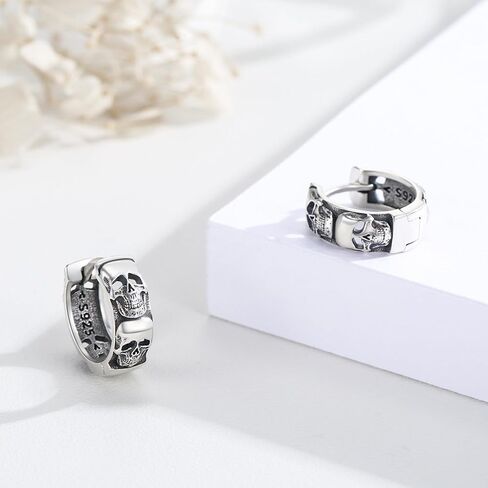 Yueyuan Skull Earrings for Men 925 Sterling Silver Vintage Gothic Skull Bone Stud Hypoallergenic Retro Punk Skeleton Jewelry Gifts for Halloween Cosplay Brithday in Saudi Arabia