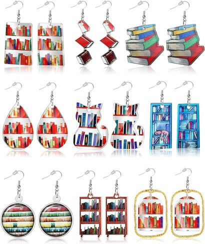 9 أزواج من أقراط الكتب للنساء أقراط مكتبة هوب من الأكريليك المرح للقطط خزانة الكتب بيان عاشق الكتاب أقراط متدلية للمعلمين نادي الكتب والقطط والأم أو هدية العودة إلى المدرسة in Kuwait