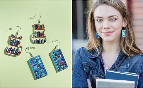 9 أزواج من أقراط الكتب للنساء أقراط مكتبة هوب من الأكريليك المرح للقطط خزانة الكتب بيان عاشق الكتاب أقراط متدلية للمعلمين نادي الكتب والقطط والأم أو هدية العودة إلى المدرسة in Kuwait