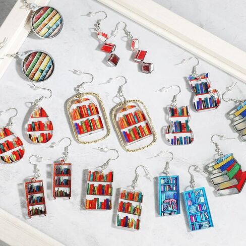 9 أزواج من أقراط الكتب للنساء أقراط مكتبة هوب من الأكريليك المرح للقطط خزانة الكتب بيان عاشق الكتاب أقراط متدلية للمعلمين نادي الكتب والقطط والأم أو هدية العودة إلى المدرسة in Kuwait