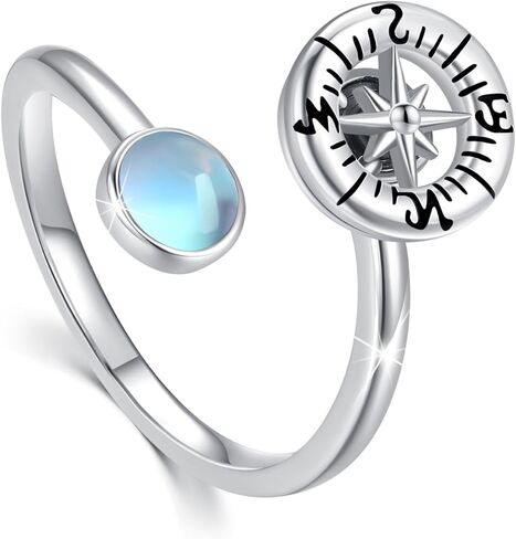 Compass Ring Graduation Gifts Sterling Silver Open Adjustable Compass Moonstone Ring Anxiety Stress Swivel Ring Compass Jewelry Gifts for Him Compass Women Girls in Saudi Arabia