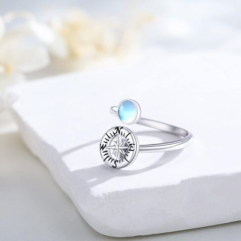 Compass Ring Graduation Gifts Sterling Silver Open Adjustable Compass Moonstone Ring Anxiety Stress Swivel Ring Compass Jewelry Gifts for Him Compass Women Girls in Saudi Arabia