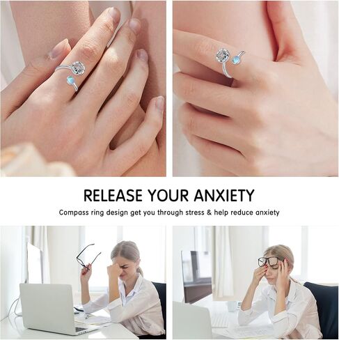 Compass Ring Graduation Gifts Sterling Silver Open Adjustable Compass Moonstone Ring Anxiety Stress Swivel Ring Compass Jewelry Gifts for Him Compass Women Girls in Saudi Arabia