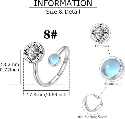 Compass Ring Graduation Gifts Sterling Silver Open Adjustable Compass Moonstone Ring Anxiety Stress Swivel Ring Compass Jewelry Gifts for Him Compass Women Girls in Saudi Arabia