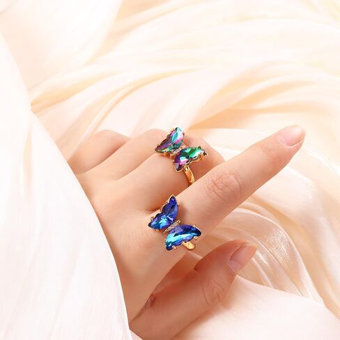 Leadigol 4pcs Colorful Crystal Butterfly Ring,Vintage Bohemian Acrylic Butterfly Knuckle Rings Set,Adjustable Open Colorful Crystal Open Cuff Ring in Saudi Arabia