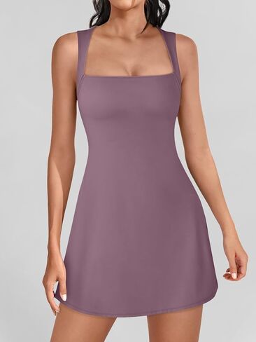 فستان نسائي قصير بياقة مربعة قابل للتمدد مع شورت مدمج in Kuwait