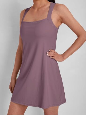 فستان نسائي قصير بياقة مربعة قابل للتمدد مع شورت مدمج in Kuwait