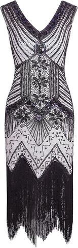 Vijiv Women 1920s Gastby Sequin Art Nouveau Embellished Fringed Flapper Dress in Kuwait