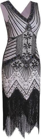 Vijiv Women 1920s Gastby Sequin Art Nouveau Embellished Fringed Flapper Dress in Kuwait