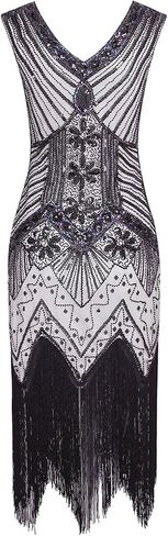 Vijiv Women 1920s Gastby Sequin Art Nouveau Embellished Fringed Flapper Dress in Kuwait
