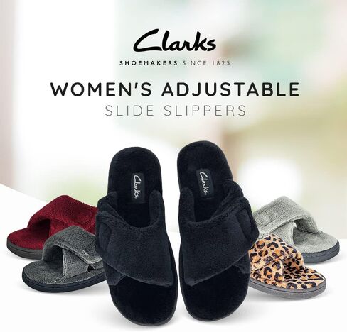 Clarks Women's Adjustable Slide Slippers - Open-Toe Terry Slides - Plush Spa Sandals with Rubber Grip Sole & Adjustable Wrap Strap for Indoor & Outdoor Use Available in 5 Colors in Saudi Arabia