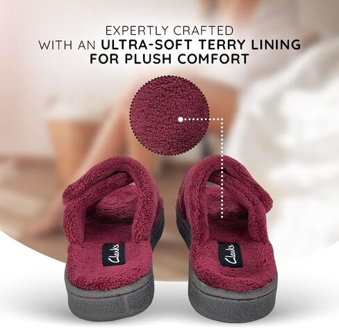 Clarks Women's Adjustable Slide Slippers - Open-Toe Terry Slides - Plush Spa Sandals with Rubber Grip Sole & Adjustable Wrap Strap for Indoor & Outdoor Use Available in 5 Colors in Saudi Arabia