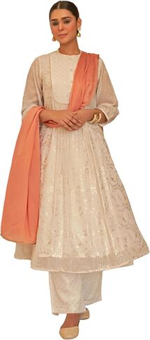 Janasya Indian Women's White Chiffon Lurex Foil Printed Kurta with Palazzo and Dupatta in Saudi Arabia