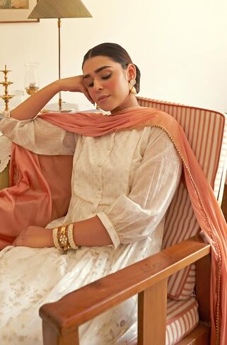Janasya Indian Women's White Chiffon Lurex Foil Printed Kurta with Palazzo and Dupatta in Saudi Arabia