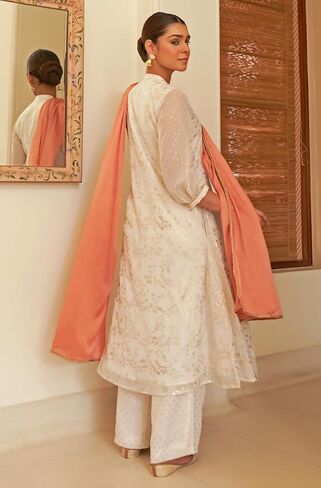 Janasya Indian Women's White Chiffon Lurex Foil Printed Kurta with Palazzo and Dupatta in Saudi Arabia