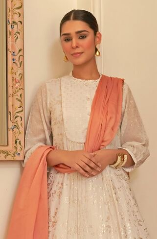Janasya Indian Women's White Chiffon Lurex Foil Printed Kurta with Palazzo and Dupatta in Saudi Arabia