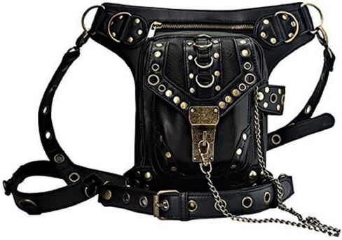 Rock Leather & Vintage Gothic Retro Steampunk Handbag Victorian Style Shoulder Waist Bag Black, Medium in Saudi Arabia