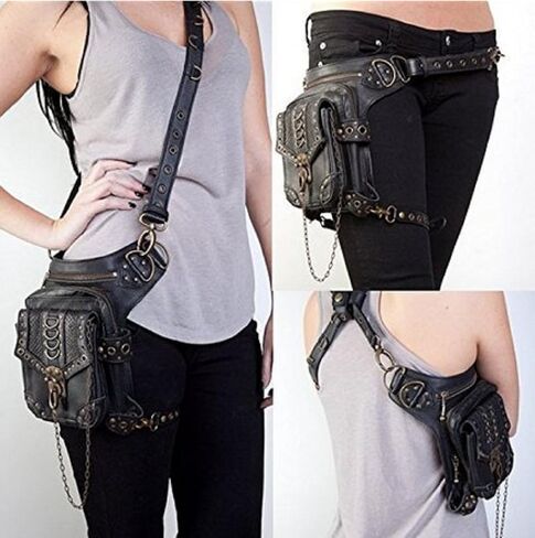 Rock Leather & Vintage Gothic Retro Steampunk Handbag Victorian Style Shoulder Waist Bag Black, Medium in Saudi Arabia