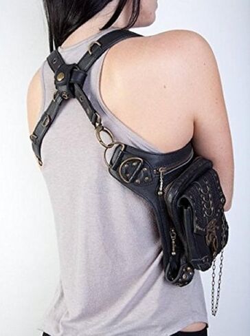 Rock Leather & Vintage Gothic Retro Steampunk Handbag Victorian Style Shoulder Waist Bag Black, Medium in Saudi Arabia
