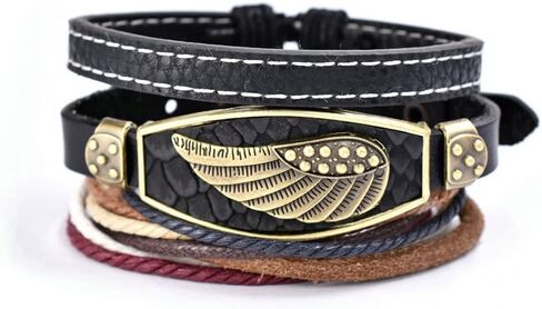 3pcs Punk Angel Wing Woven Ethnic Tribal Rope Leather Surfer Bracelet for Men Women Real Leather Braided Cuff Wrap Wristband Adjustable String Wave Biker Black Male Son BFF Bracelets Gifts in Kuwait
