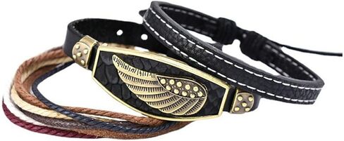 3pcs Punk Angel Wing Woven Ethnic Tribal Rope Leather Surfer Bracelet for Men Women Real Leather Braided Cuff Wrap Wristband Adjustable String Wave Biker Black Male Son BFF Bracelets Gifts in Kuwait