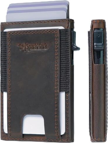 محفظة رفيعة لحامل بطاقات الائتمان للرجال والنساء - محافظ رجالية صغيرة الحجم تحجب RFID - حافظة بطاقات معدنية بجيب أمامي من الجلد الرقيق مع صندوق هدايا (بني داكن) in Kuwait