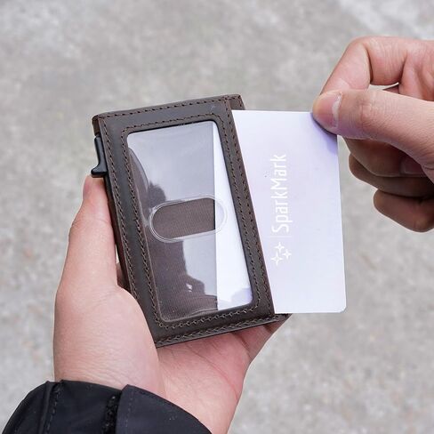 محفظة رفيعة لحامل بطاقات الائتمان للرجال والنساء - محافظ رجالية صغيرة الحجم تحجب RFID - حافظة بطاقات معدنية بجيب أمامي من الجلد الرقيق مع صندوق هدايا (بني داكن) in Kuwait