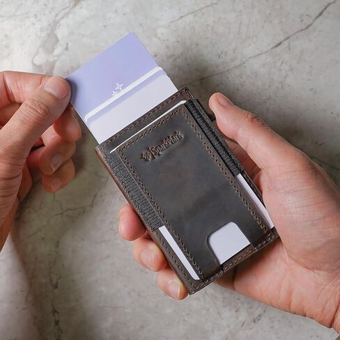 محفظة رفيعة لحامل بطاقات الائتمان للرجال والنساء - محافظ رجالية صغيرة الحجم تحجب RFID - حافظة بطاقات معدنية بجيب أمامي من الجلد الرقيق مع صندوق هدايا (بني داكن) in Kuwait