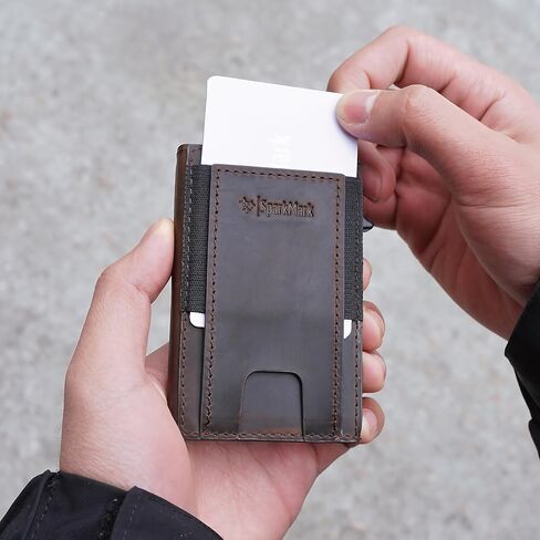 محفظة رفيعة لحامل بطاقات الائتمان للرجال والنساء - محافظ رجالية صغيرة الحجم تحجب RFID - حافظة بطاقات معدنية بجيب أمامي من الجلد الرقيق مع صندوق هدايا (بني داكن) in Kuwait