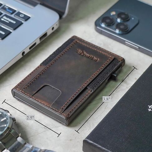 محفظة رفيعة لحامل بطاقات الائتمان للرجال والنساء - محافظ رجالية صغيرة الحجم تحجب RFID - حافظة بطاقات معدنية بجيب أمامي من الجلد الرقيق مع صندوق هدايا (بني داكن) in Kuwait