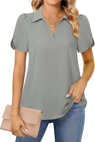 Lotusmile Womens Blouses Dressy Casual Puff Sleeve Tops Chiffon Work Collared Shirt in Kuwait