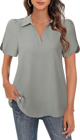 Lotusmile Womens Blouses Dressy Casual Puff Sleeve Tops Chiffon Work Collared Shirt in Kuwait