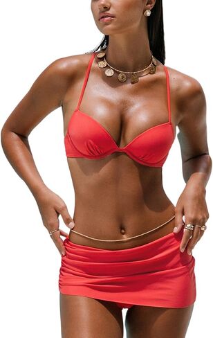 CUPSHE Women's Bikini Set Two Piece Swimsuits Spaghetti Straps Crisscross Back Mid Rise Ruched Swimwear Mini Skirt in Saudi Arabia