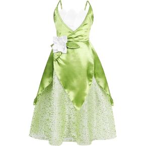 COTRIO Princess Tiana Dress for Girls Halloween Costume Dress Up Kids Birthday Party Outfits Clothes