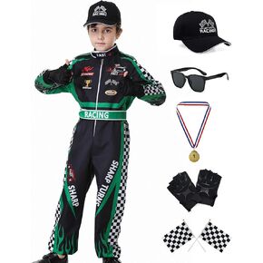 Race Car Driver Costume Boys Racing Suit Kids Racer Jumpsuit Set with Cap Medals Glasses Gloves for Halloween