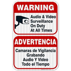 Audio & Video Surveillance Sign, Bilingual English Spanish, 10x7 Inches, Rust Free .040 Aluminum, Fade Resistant, Made in USA by Sigo Signs