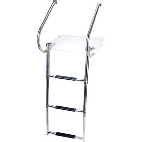 Amarine Made 3 Step in-Board Outboard Transom Platform Telescoping Boat Ladder Stainless Steel with Fiberglass Swim Platform for Swimming Pool Pontoon Dock Collapsible Step Ladder with 2 Handrails