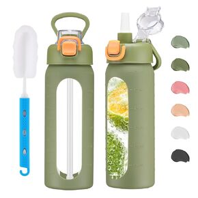 chunmo 20 oz Glass Water Bottle with Straw Reusable Water Bottle with Non-Slip Silicone Sleeve Wide Mouth Leak-Proof for Coffee, Tea and Water,BPA-free, Dishwasher Safe