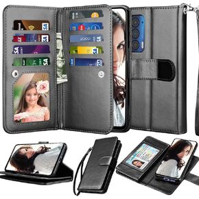 حافظة NJJEX لهاتف Moto Edge 2021، حافظة محفظة لهاتف Motorola Moto Edge 5G UW، [9 فتحات للبطاقات] حامل بطاقات هوية من جلد البولي يوريثان قابل للفصل [قابل للفصل] غطاء هاتف مغناطيسي وحبل [أحمر خمري]